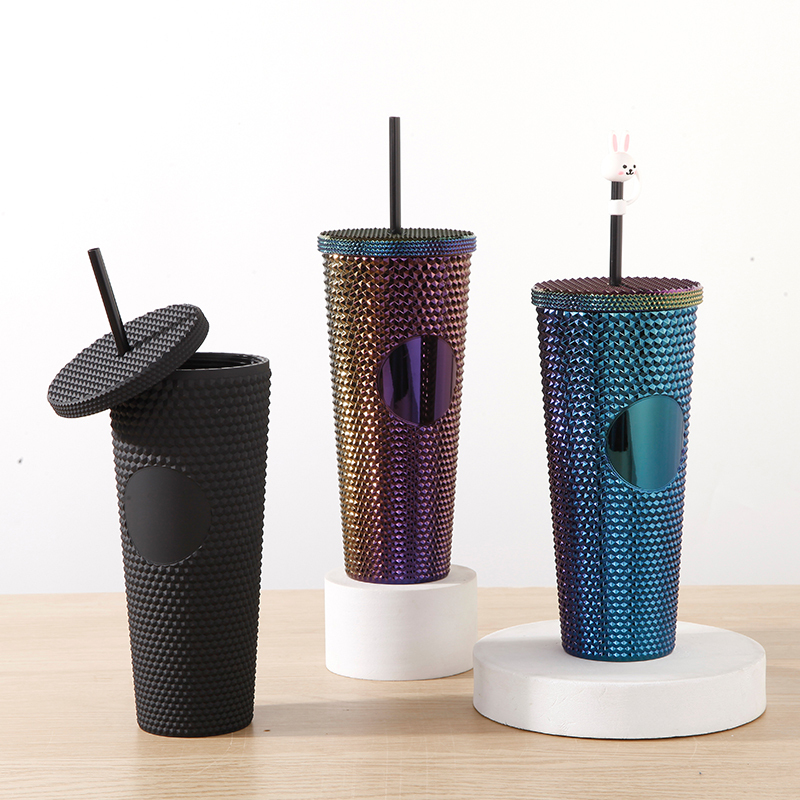 Actever 24oz Reusable Cold Cup with Studded Design Lid and Straw Double Wall AS Plastic Tumbler for Iced Coffee Tea Juice Office Travel