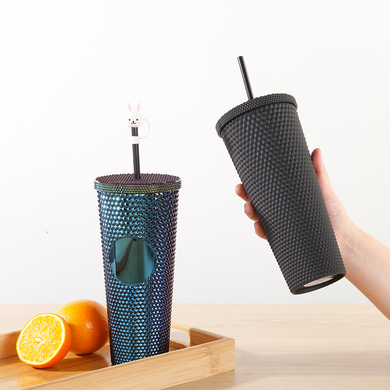 Actever 24oz Reusable Cold Cup with Studded Design Lid and Straw Double Wall AS Plastic Tumbler for Iced Coffee Tea Juice Office Travel
