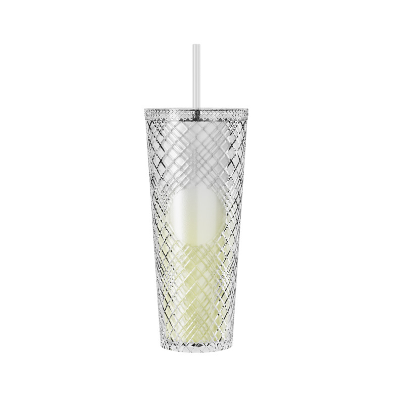 Actever 710ml Diamond Pattern Gradient Double Wall AS Plastic Cup Large Capacity Travel Mug with Straw for Daily Drinking Office Outdoor Use