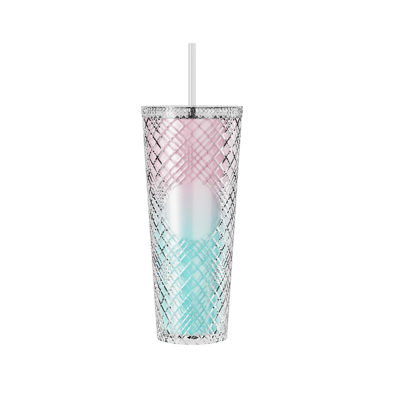 Actever 710ml Diamond Pattern Gradient Double Wall AS Plastic Cup Large Capacity Travel Mug with Straw for Daily Drinking Office Outdoor Use