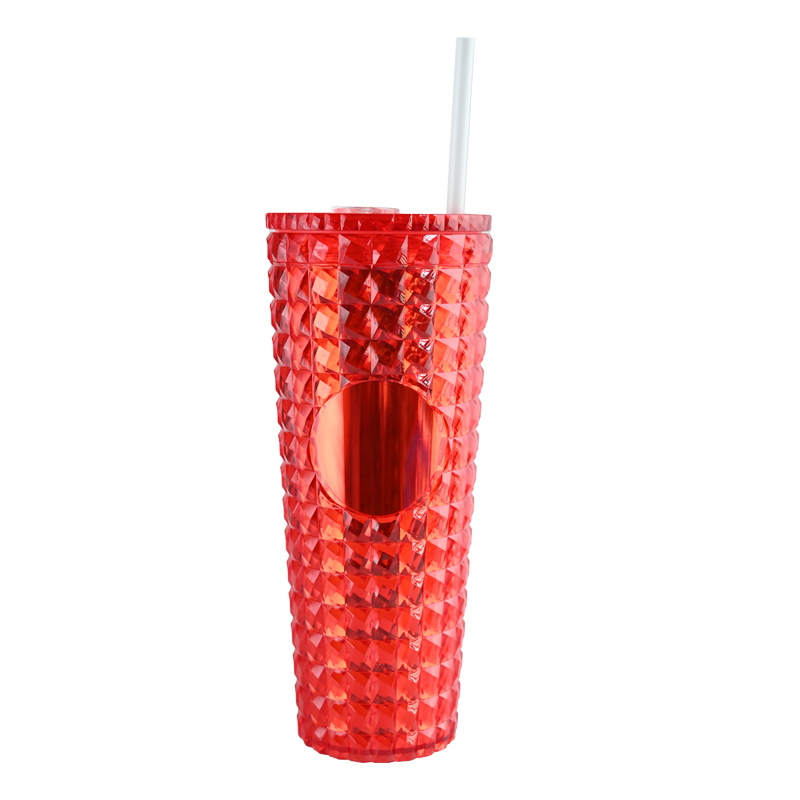 Actever 25oz Diamond Pattern Double Wall AS Plastic Beverage Drinking Tumbler with Lid and Straw for Party Student Office Use