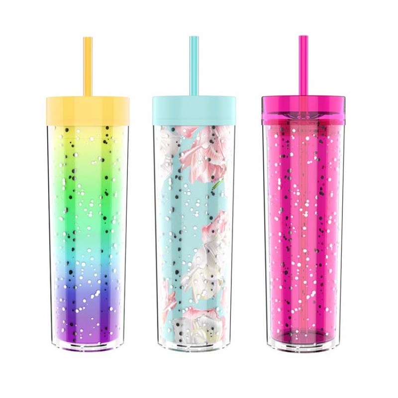 A334062  Wholesale 14oz Double Wall Plastic Mug-Creative Rainbow Gradient-Reusable Tumbler with Lid and Straw-Actever A334062