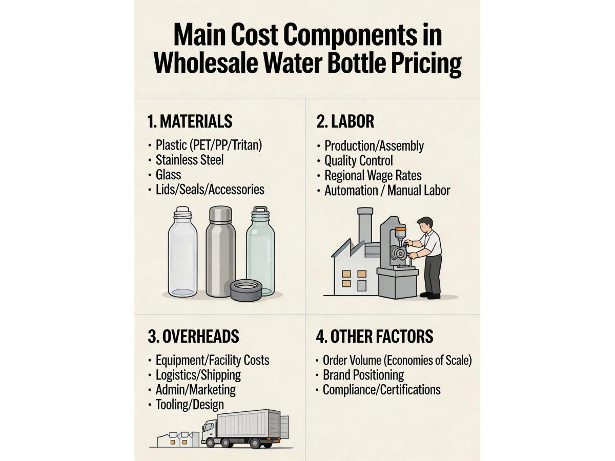What are the main cost components in the price of a wholesale water bottle (materials, labor, etc.)?