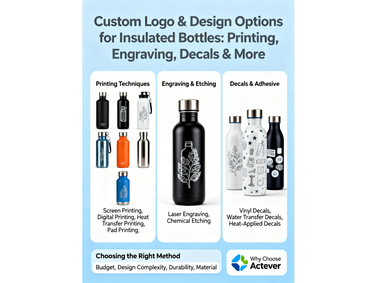 What are the options for custom logos and designs on insulated bottles (e.g., printing, engraving, decals)?