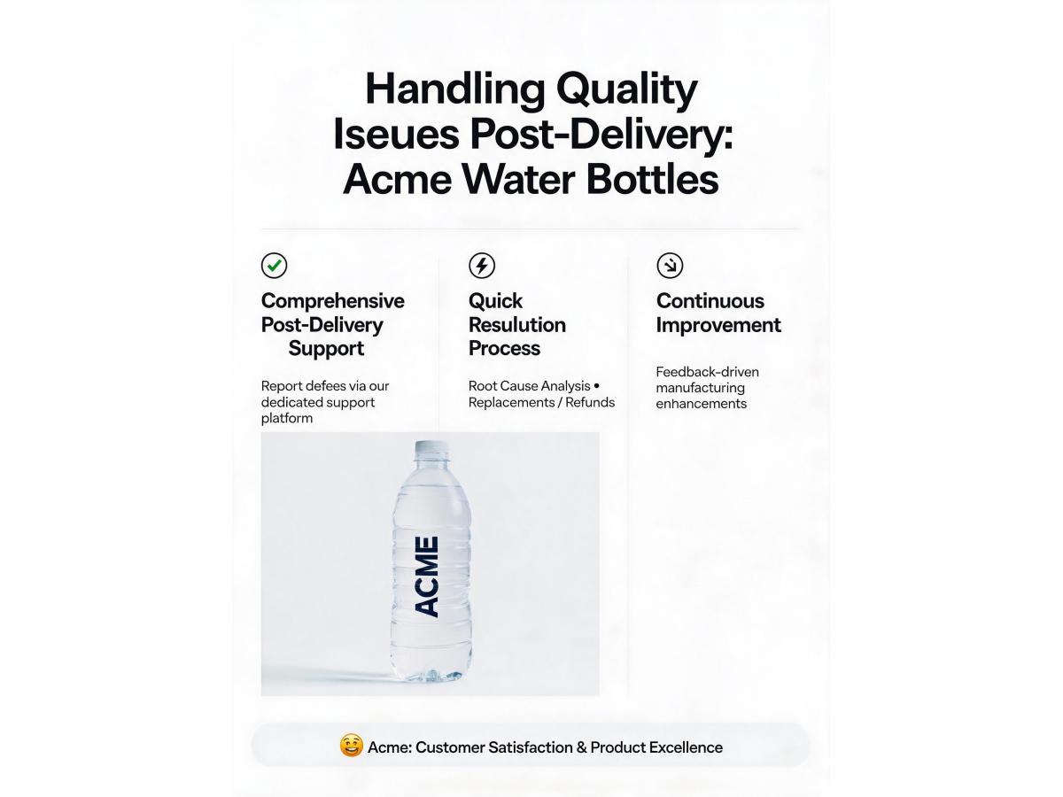 What is the factory's policy on handling quality issues or defects found after delivery of bulk water bottles?