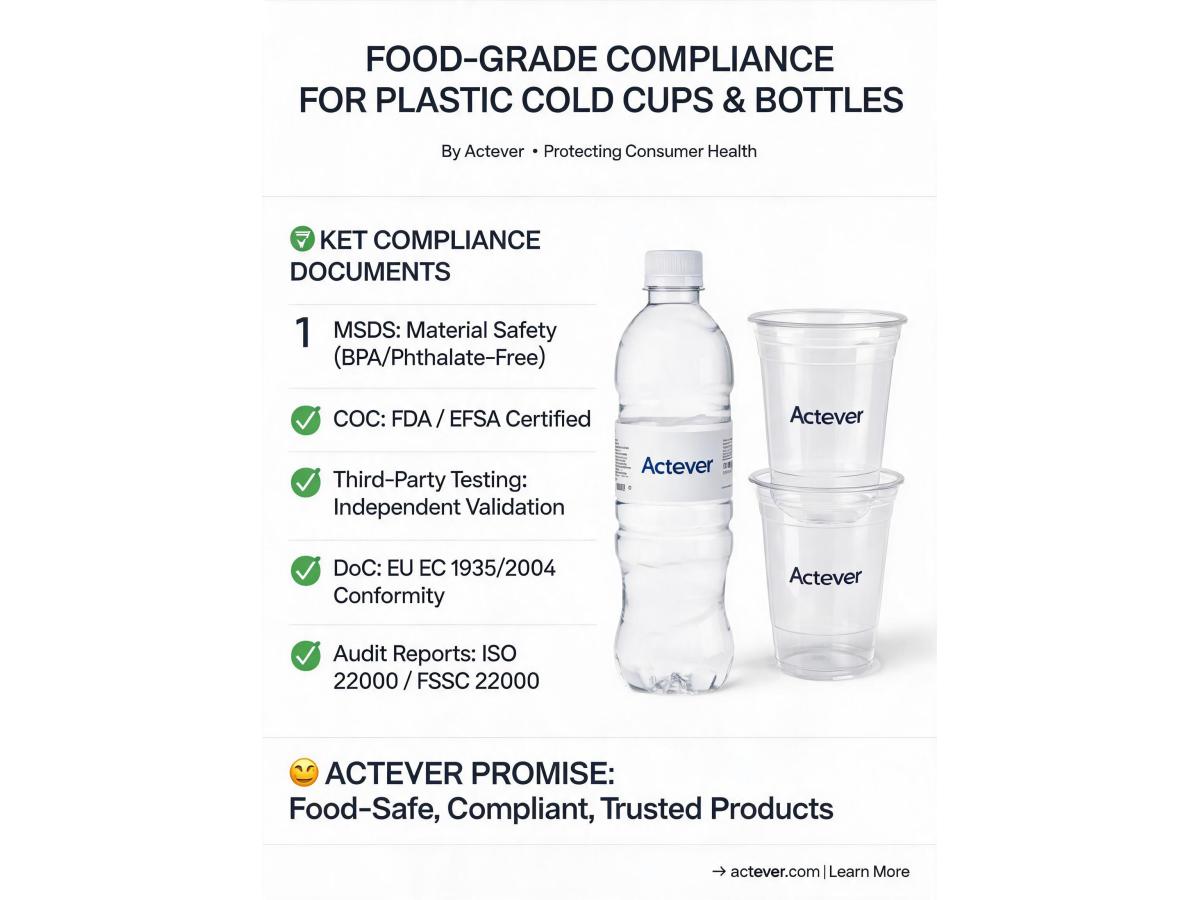 What documentation is provided to prove compliance with international standards for food-grade materials in plastic cold cups and bottles?
