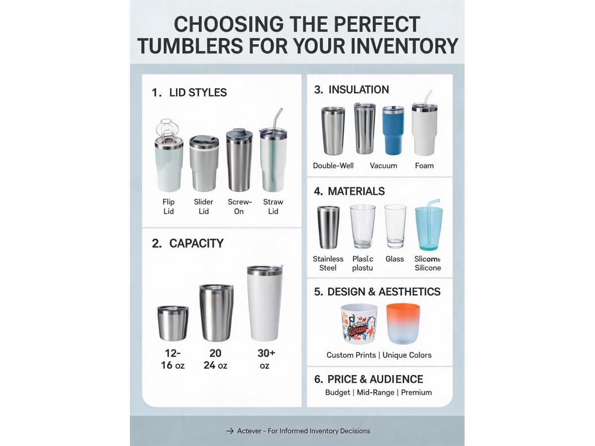 What factors should I consider when choosing between different types of tumblers (e.g., lid style, capacity, insulation) for my inventory?