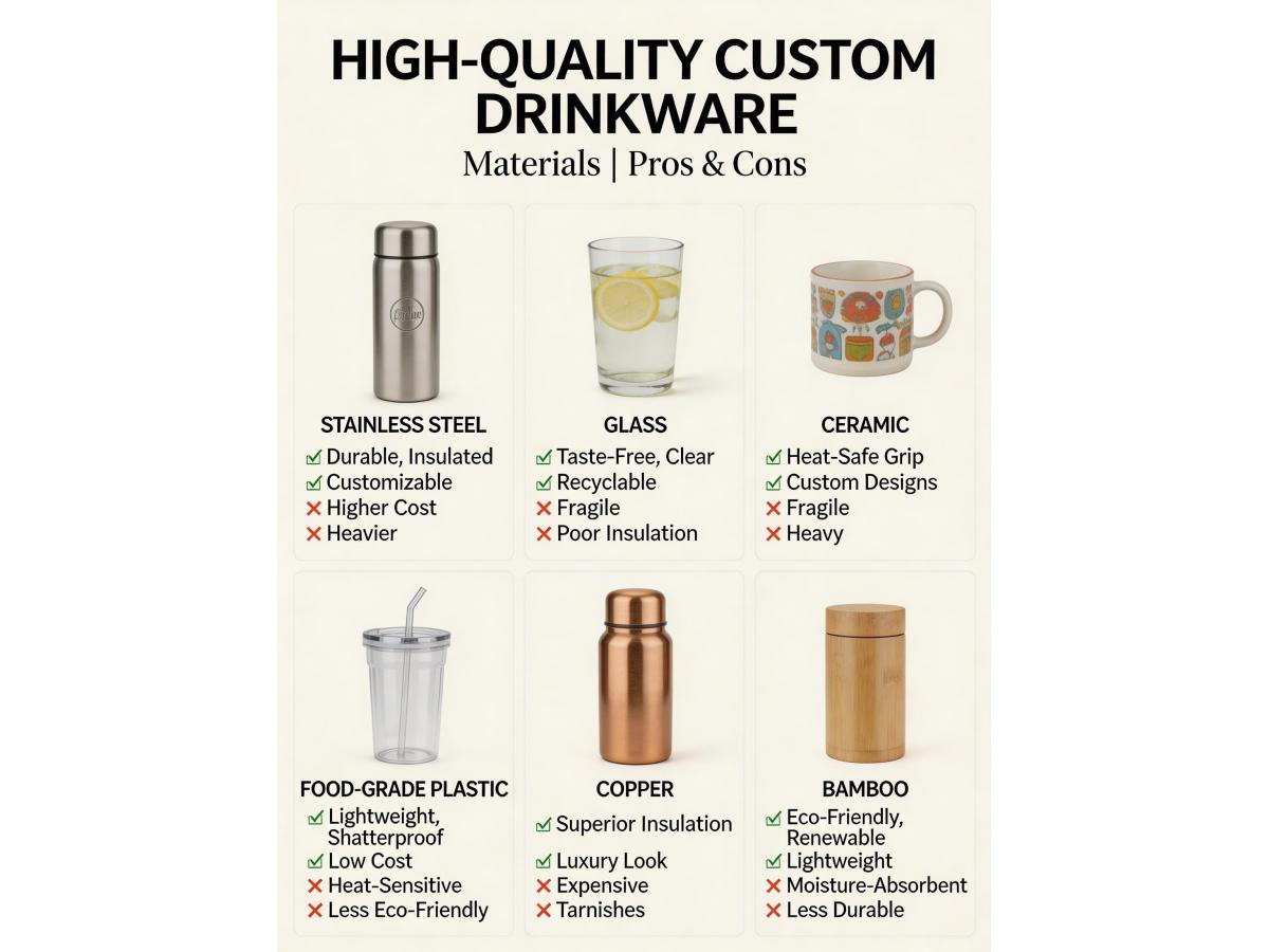 What materials are commonly used for high-quality custom drinkware, and what are their pros and cons?