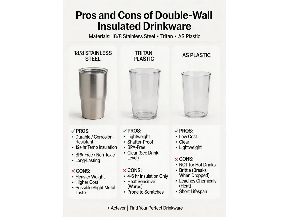 What are the pros and cons of different materials (e.g., 18/8 stainless steel, Tritan plastic, AS plastic) for double-wall insulated drinkware?