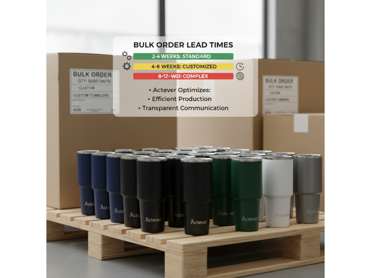 What are the common lead times for bulk orders of tumblers and travel mugs?