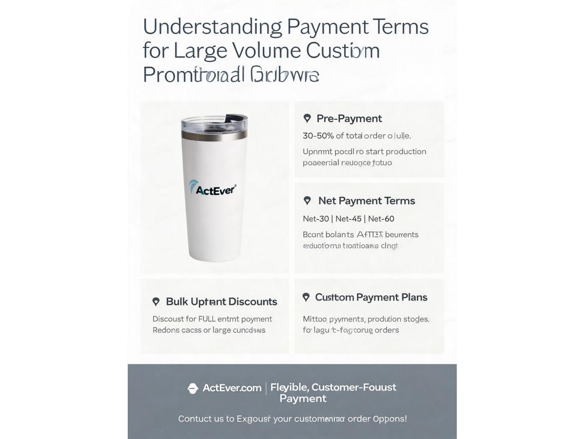 What are the payment terms typically offered for large volume orders of promotional drinkware with custom logos?