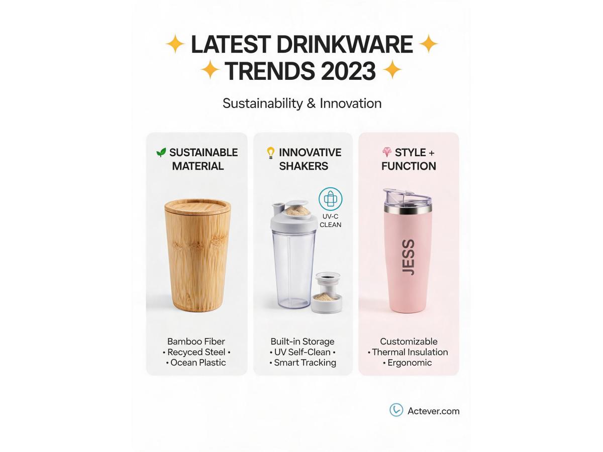 What are the latest trends in drinkware design, such as sustainable materials or innovative features for protein shaker bottles?
