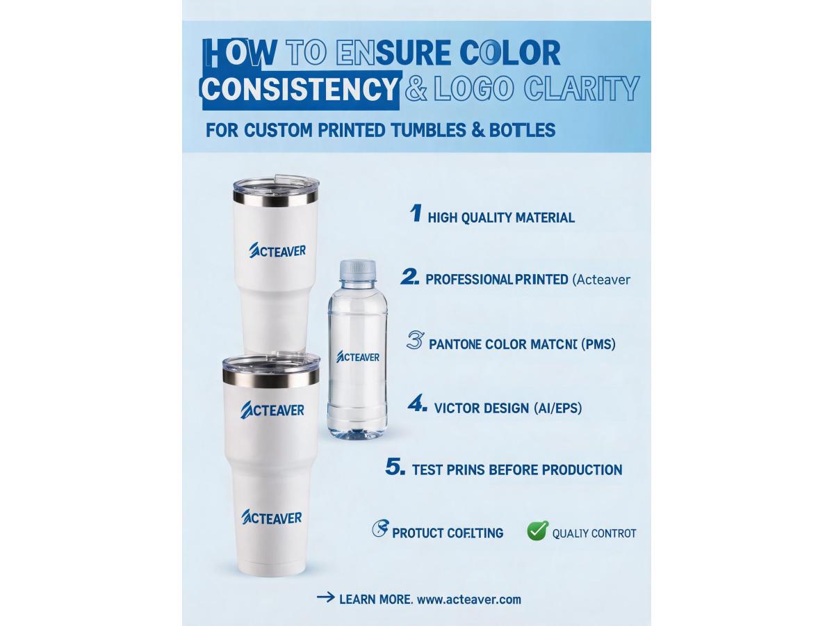 How to ensure color consistency and logo clarity in custom printed tumblers and bottles across a large production run?