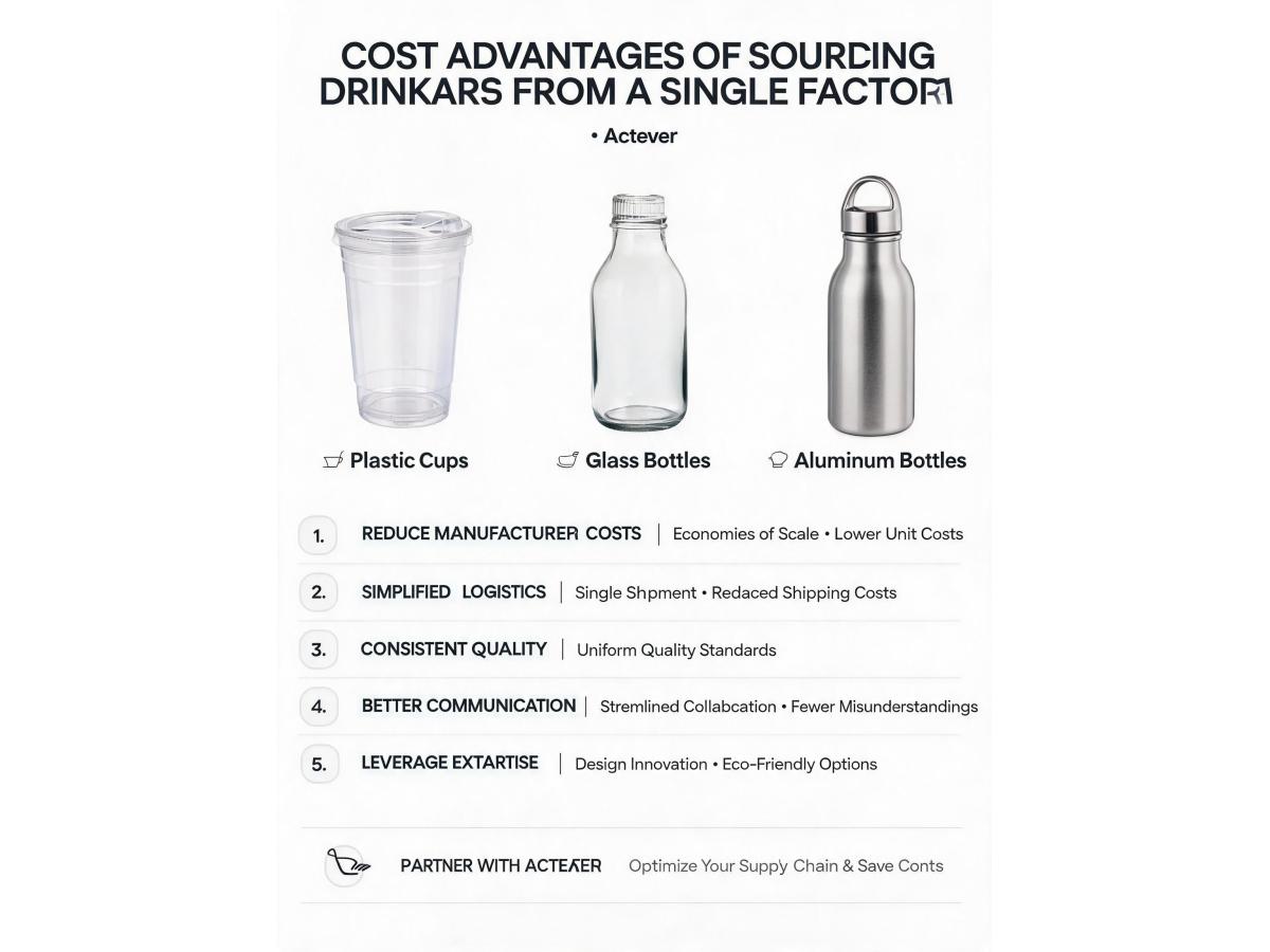 Are there cost advantages to sourcing a complete range of drinkware (plastic cups, glass bottles, aluminum bottles) from a single factory?