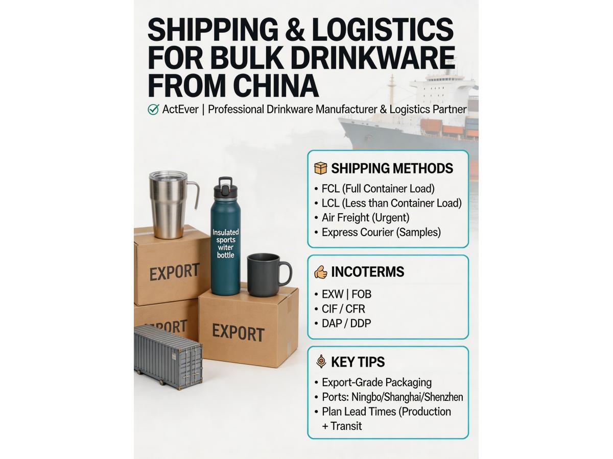 What shipping and logistics options are available for large container orders of drinkware from China?