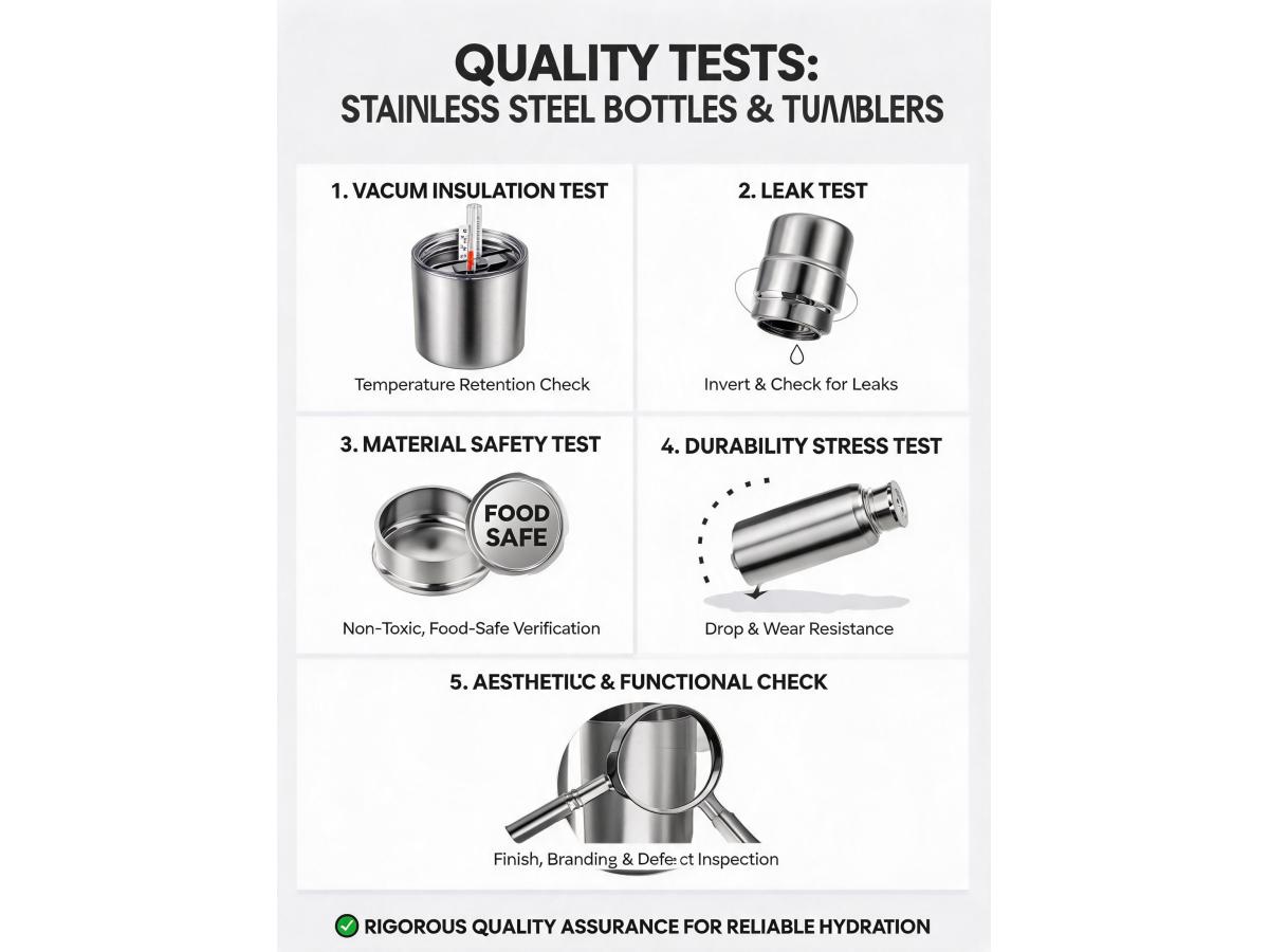 What specific tests (e.g., vacuum insulation efficiency, leak test, material safety) are conducted on stainless steel water bottles and vacuum insulated tumblers before shipment?