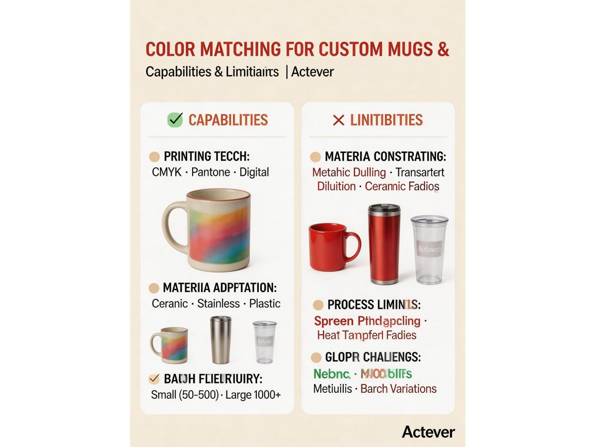 What are the capabilities and limitations for color matching in custom OEM mugs and tumblers?