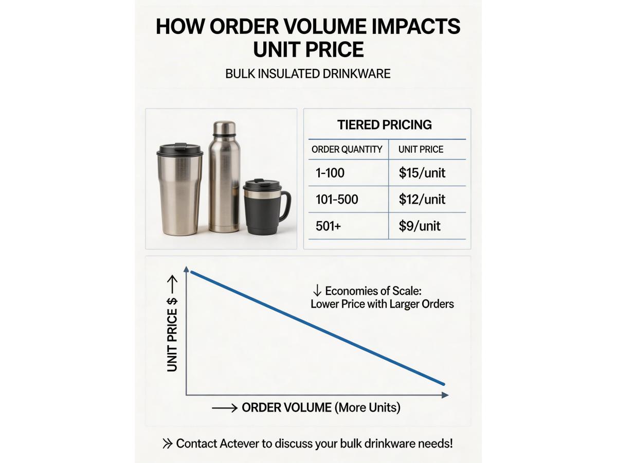 How does order volume typically affect the unit price for bulk insulated drinkware?
