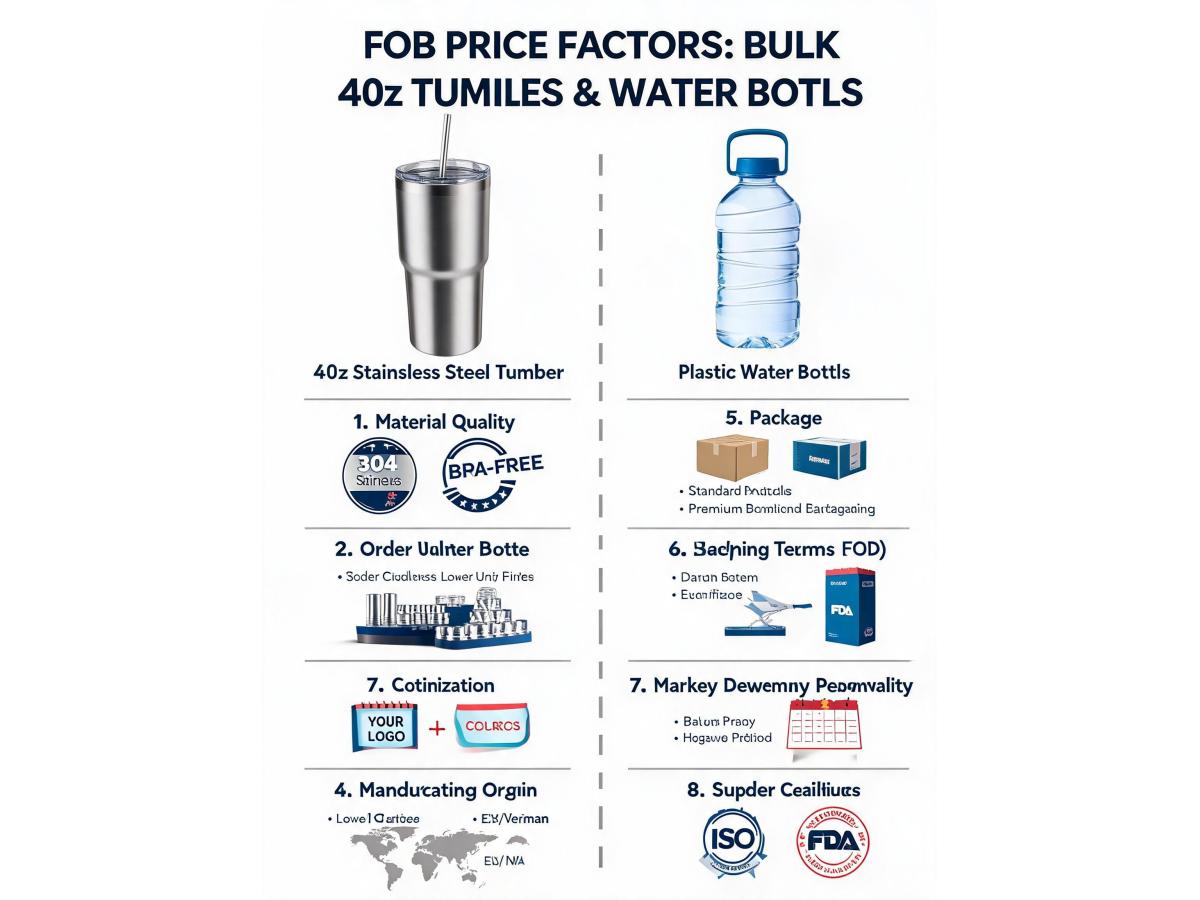 What factors influence the FOB price per unit for bulk orders of 40oz stainless steel tumblers or plastic water bottles?