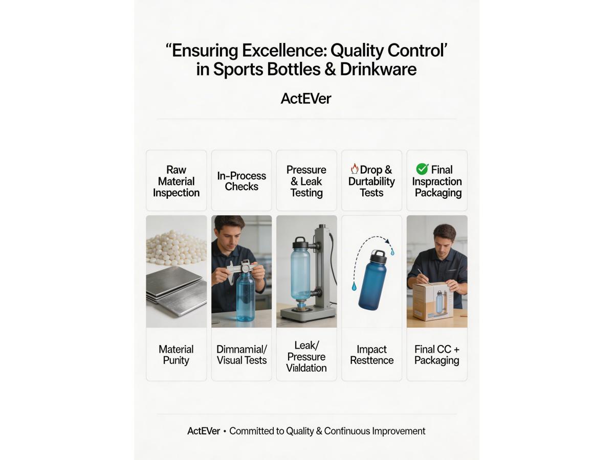 What quality control checks are performed during the production of sports bottles and drinkware?