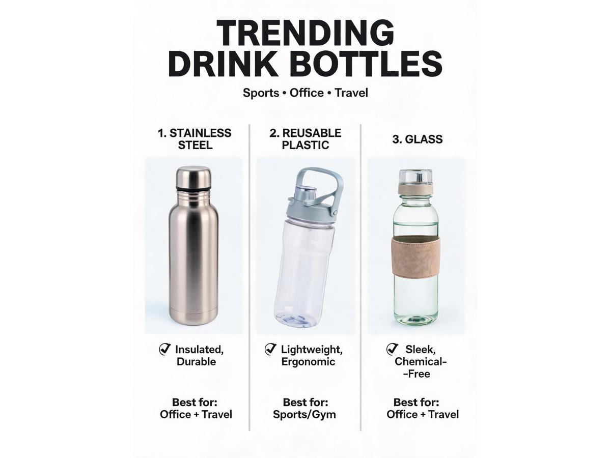 What types of drink bottles (e.g., stainless steel, plastic, glass) are trending for different uses (sports, office, travel)?
