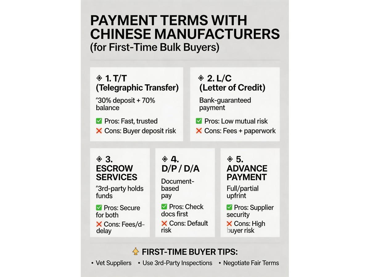 What payment terms are commonly offered by Chinese manufacturers for first-time bulk buyers?