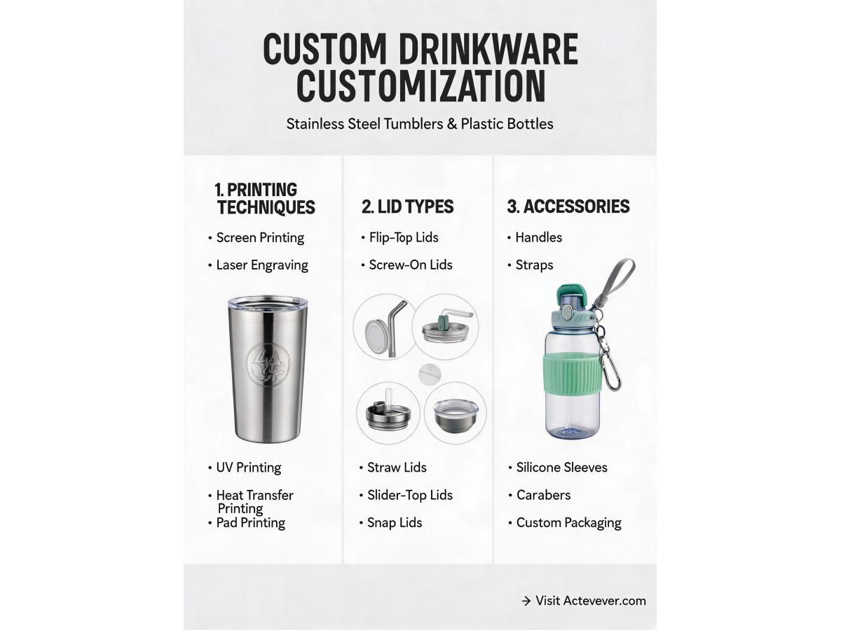 What are the common customization options for stainless steel tumblers and plastic bottles, such as printing techniques, lid types, and accessory combinations?