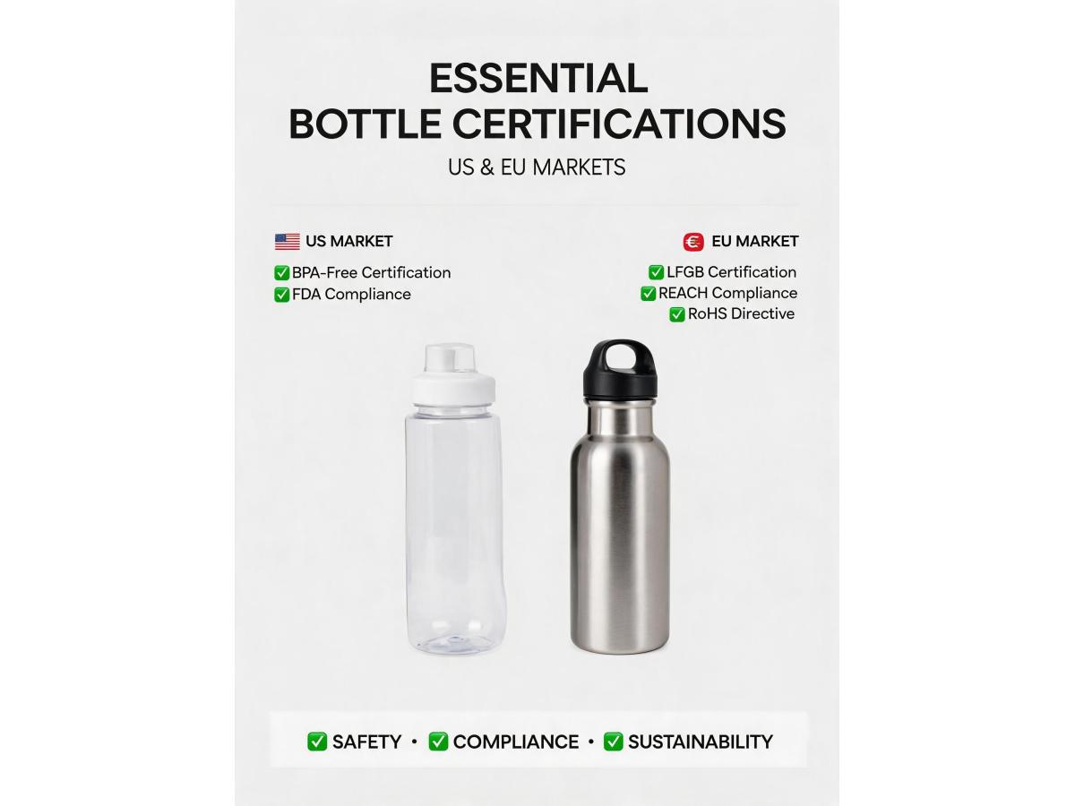 What certifications (e.g., BPA-free, FDA, LFGB) are essential for plastic and stainless steel bottles intended for the US and EU markets?