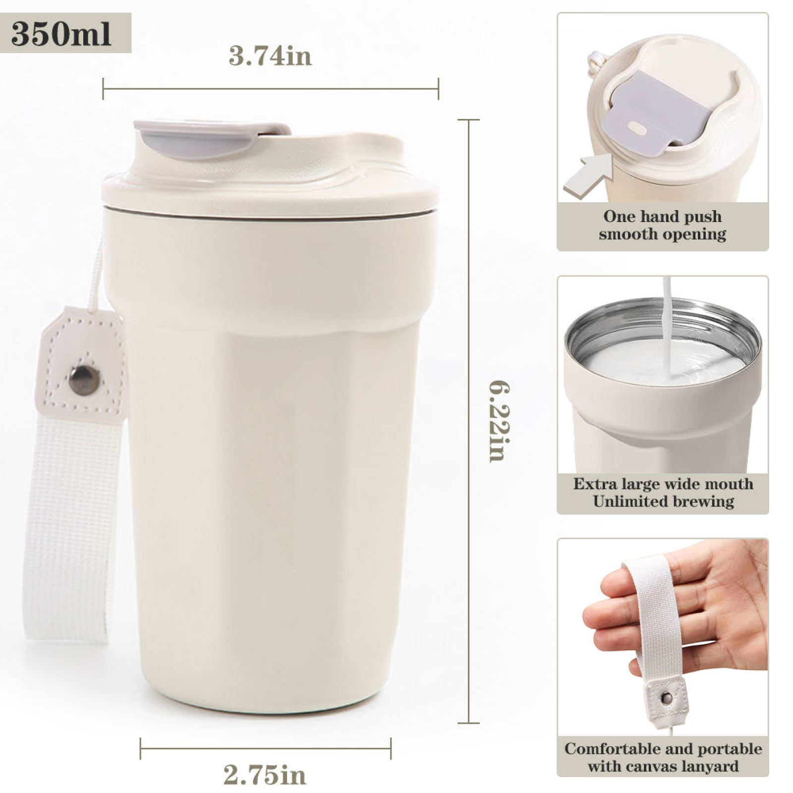 Office Travel Cup Stainless Steel Modern with Lid Handle New 420ml Metal Classic Unisex Tour Vacuum Insulated Coffee Cup