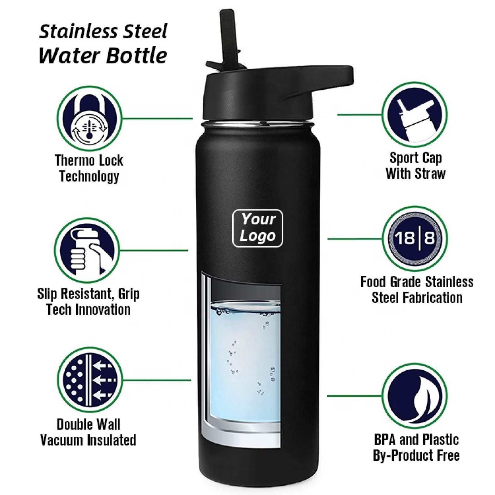 Custom 32oz 40oz Stainless Steel Water Bottles  Vacuum Insulated Thermos Flask Powder Coated Thermal Water Bottle