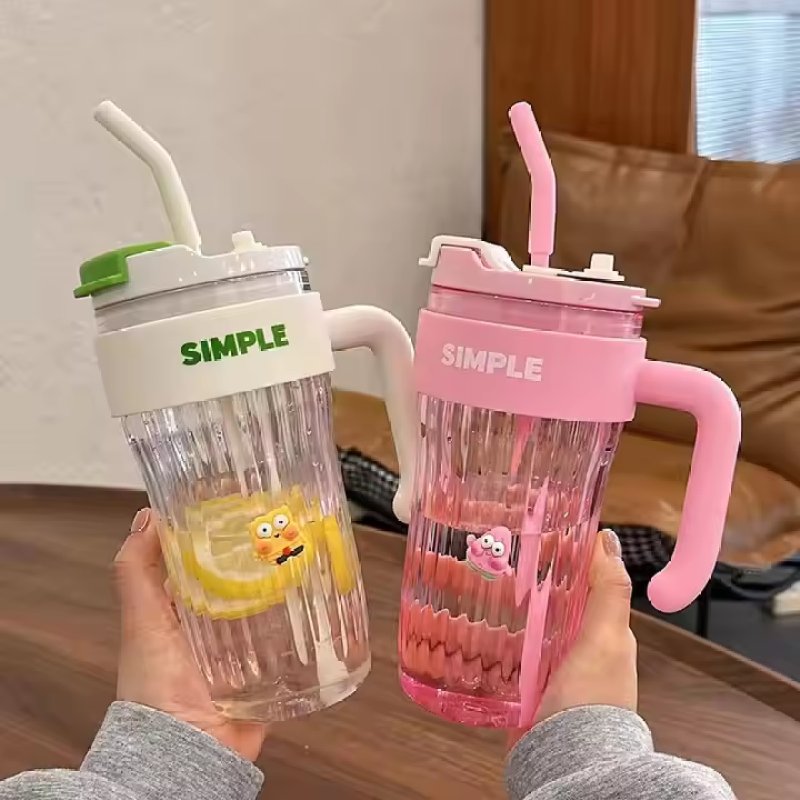 Pretty 860ml Newest clear Plastic Handle Water Bottle Simple Cup with Straw Girls' Office Couple Water Cup Gift Summer