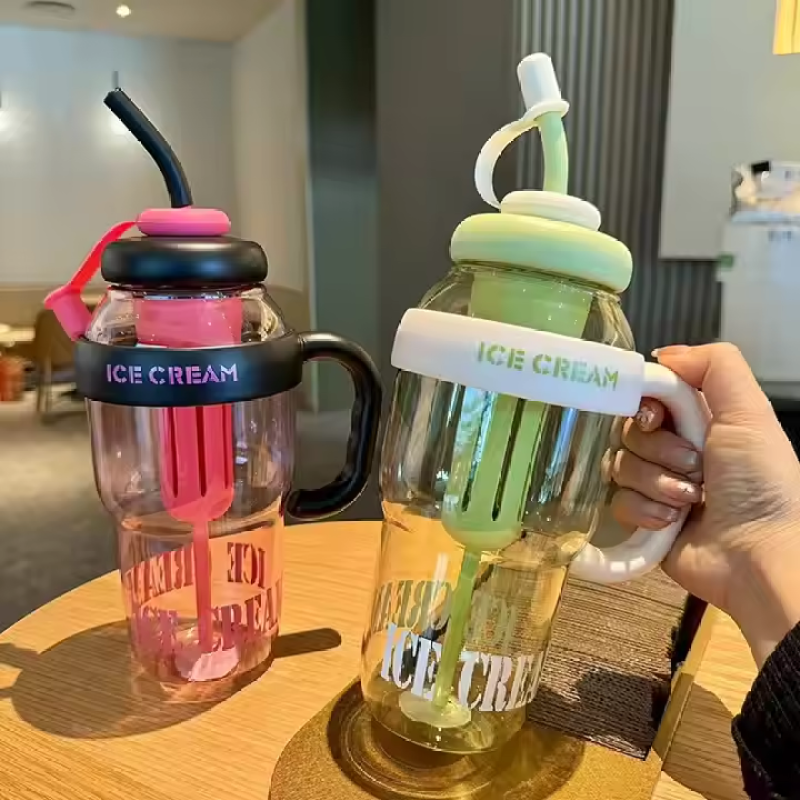 Wholesale 1300ml Large Capacity Portable Plastic Cute Cup Plastic Water Bottle with Straw Cute Belt Straw Water Bottle
