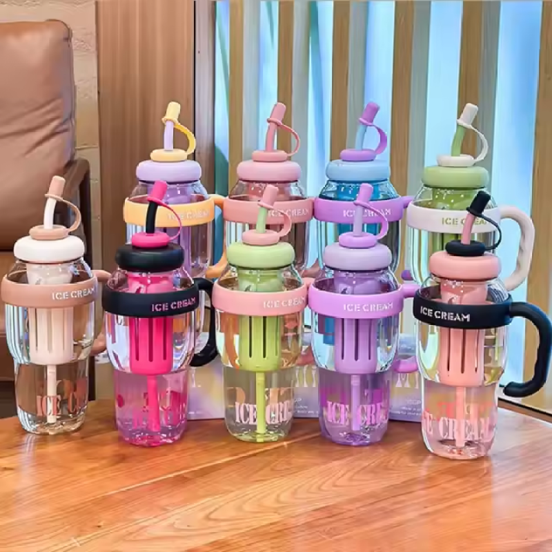 Wholesale 1300ml Large Capacity Portable Plastic Cute Cup Plastic Water Bottle with Straw Cute Belt Straw Water Bottle