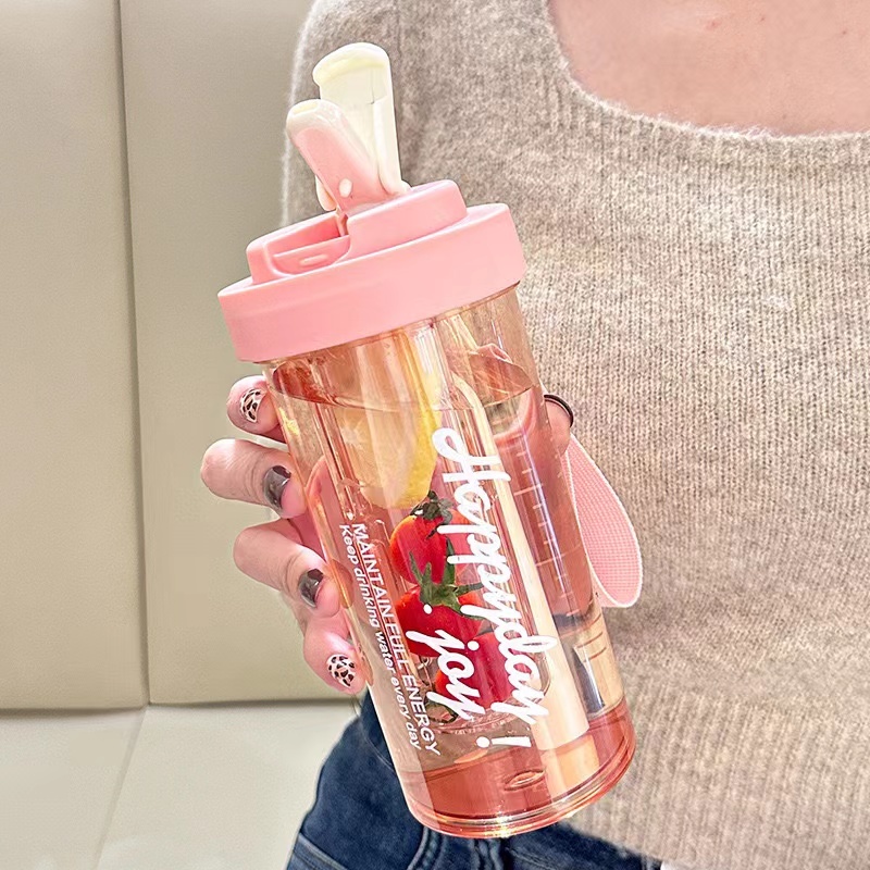 Girl Plastic Bottle 600ml Leakproof Juice Drinking Cup Plastic Water Bottle with Lid High Quality Reusable Portable Cute Gym