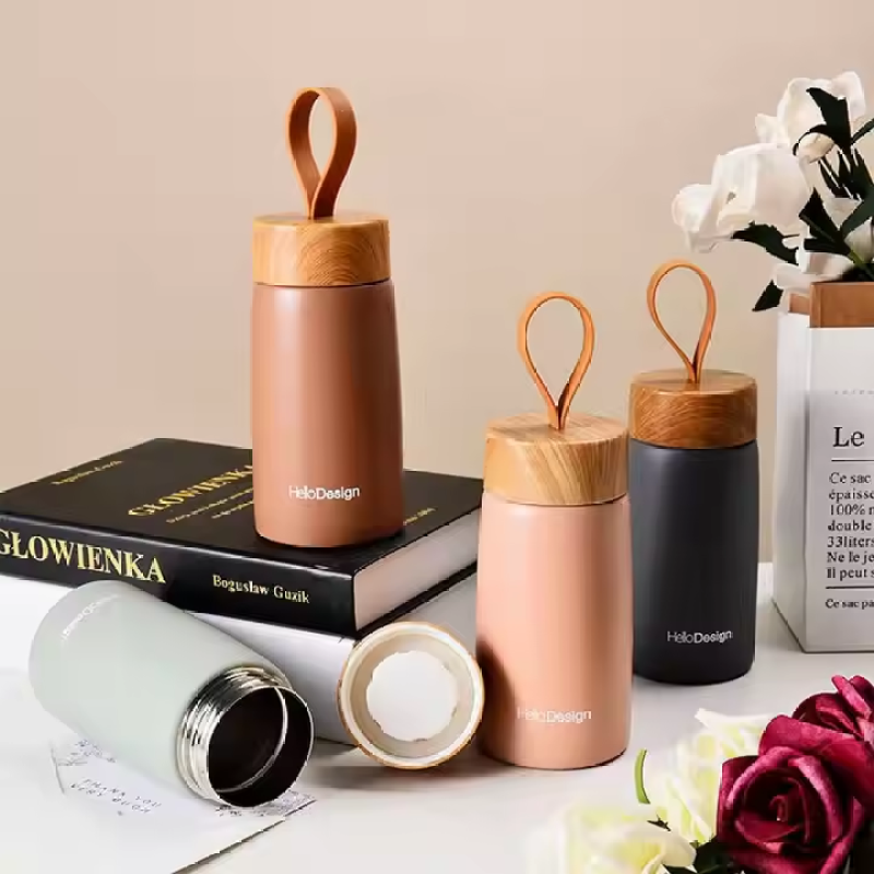 Tumbler Cups Stainless Steel Mini Tumbler 260ml Stainless Steel Private Label Vacuum Flask Water Bottle with Wood Grain Lid