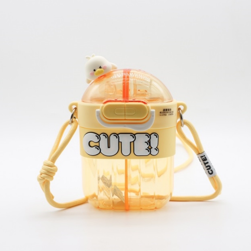 Women's and Kids' Double-Straw Plastic Water Bottle Cute Student Plastic Kettle Cups with Cartoon Design for Drinkware