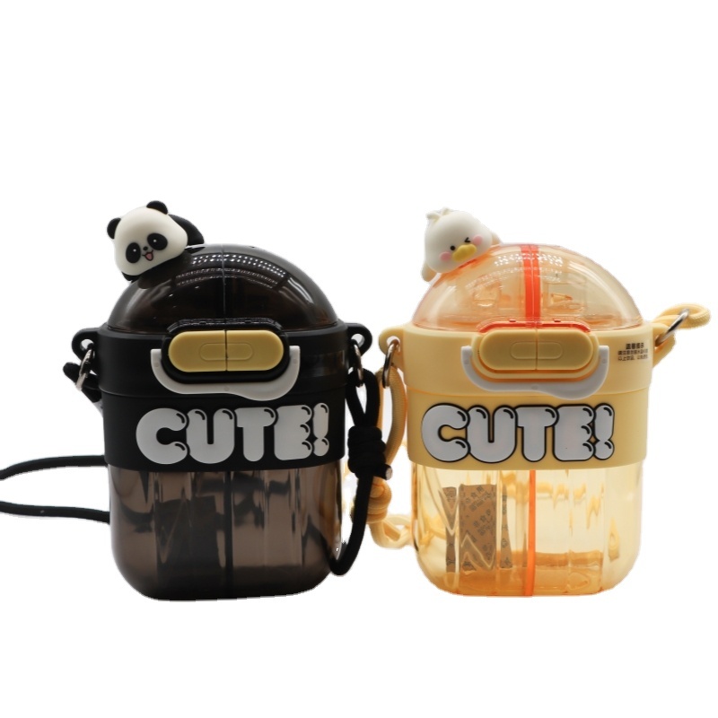 Women's and Kids' Double-Straw Plastic Water Bottle Cute Student Plastic Kettle Cups with Cartoon Design for Drinkware