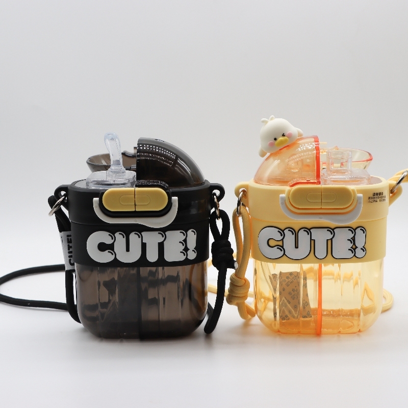 Women's and Kids' Double-Straw Plastic Water Bottle Cute Student Plastic Kettle Cups with Cartoon Design for Drinkware