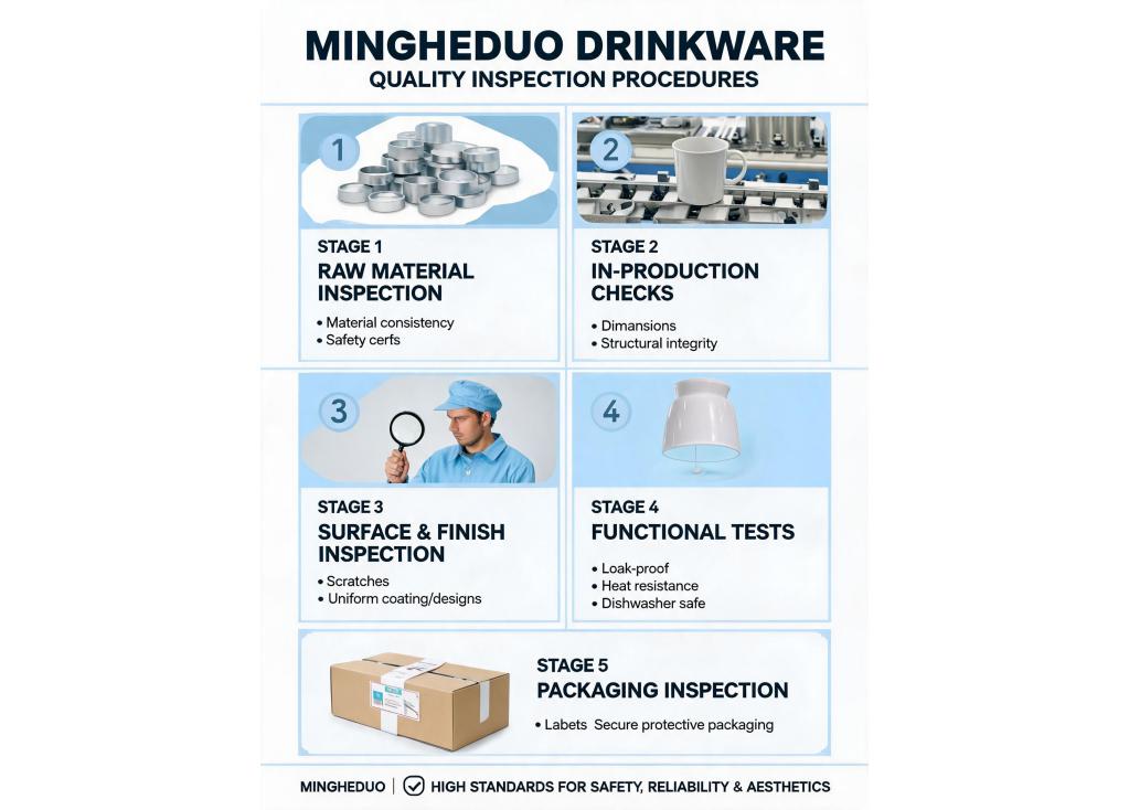 What specific quality inspection procedures does a reputable drinkware factory implement during and after production?