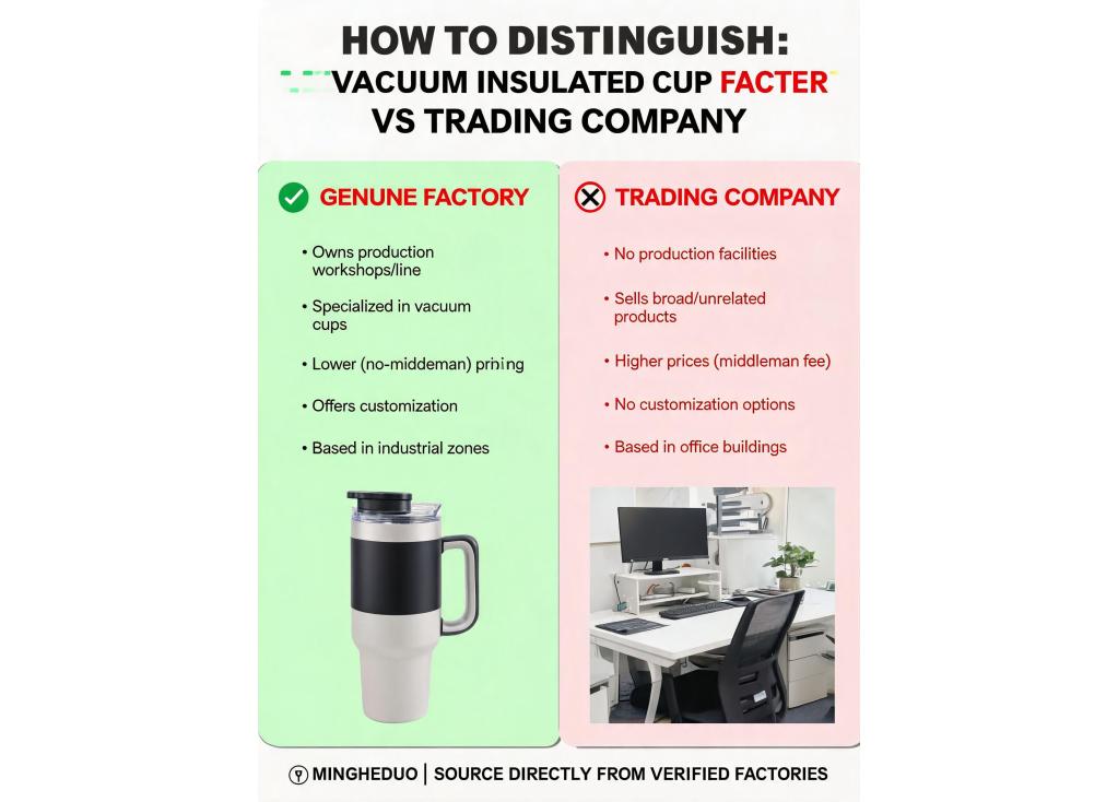 How do I distinguish between a trading company and a genuine factory when sourcing vacuum insulated cups?