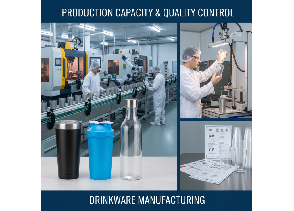 What are the key factors to consider when evaluating a drinkware manufacturer's production capacity and quality control system?