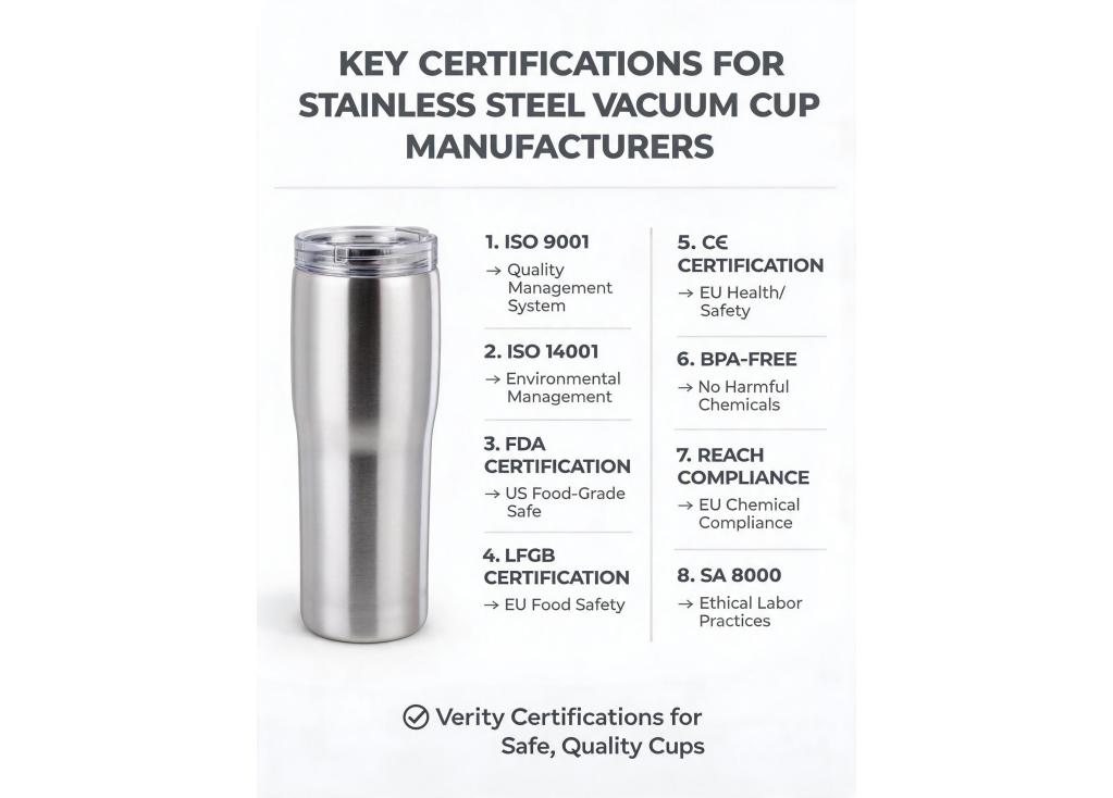 What are the most important certifications to verify for a stainless steel vacuum cup manufacturer?