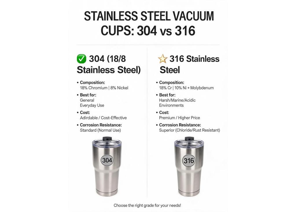What is the difference between various grades of stainless steel (e.g., 304 vs 316) used in vacuum cup manufacturing, and how does it affect price?