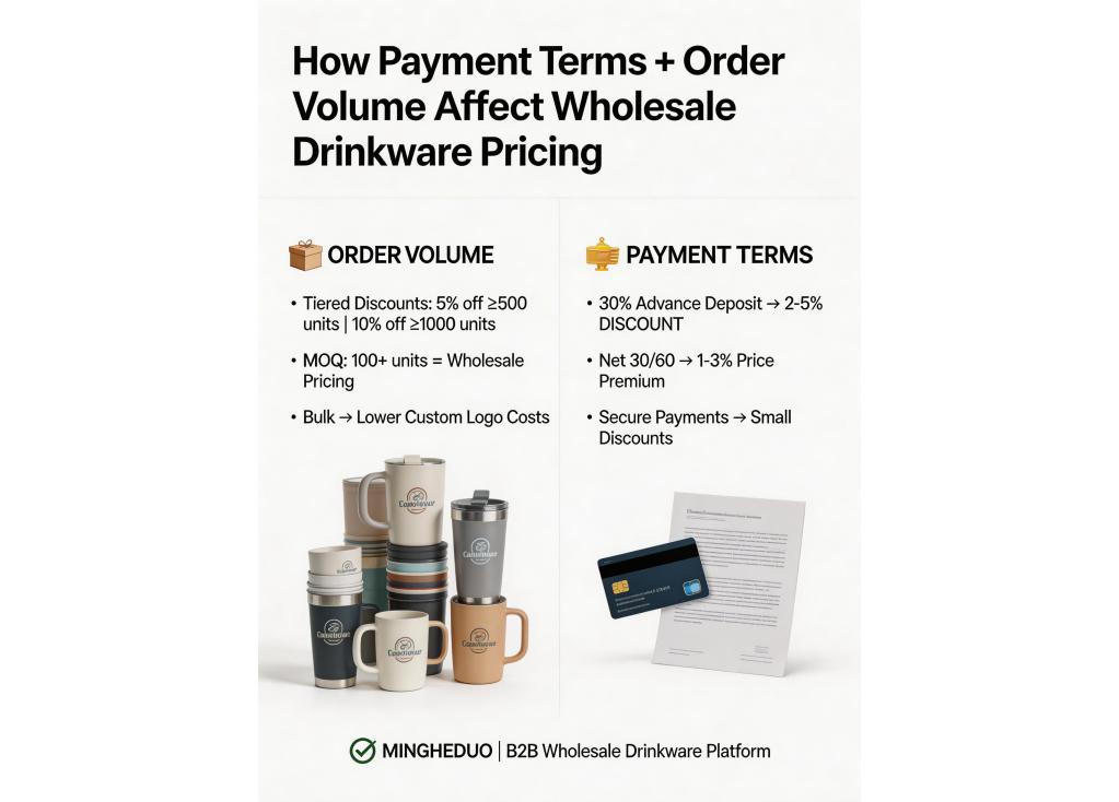 How do payment terms and order volume typically affect the final price per unit in wholesale drinkware purchases?