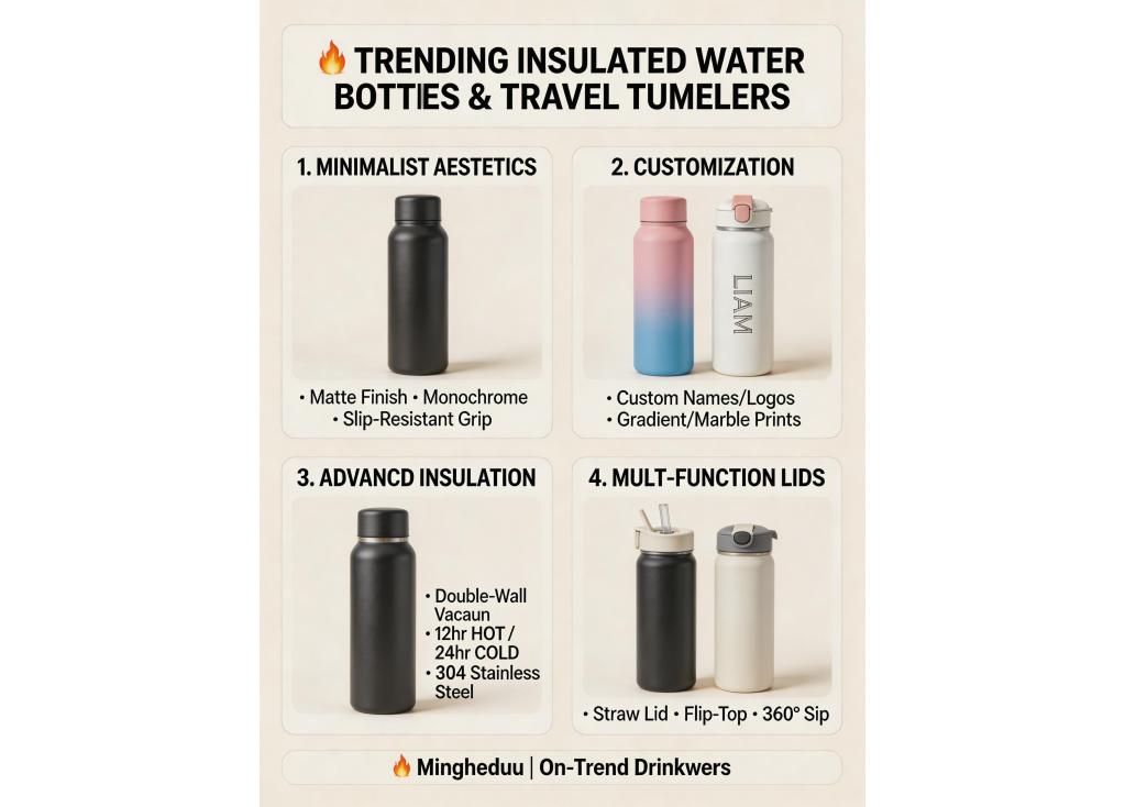 What are the current trending designs and features in the insulated water bottle and travel tumbler market?