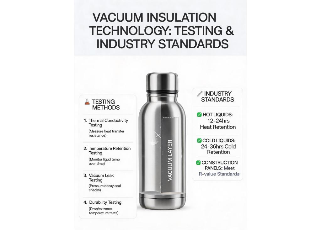 How is the vacuum insulation technology tested and what is the industry standard for heat retention duration?