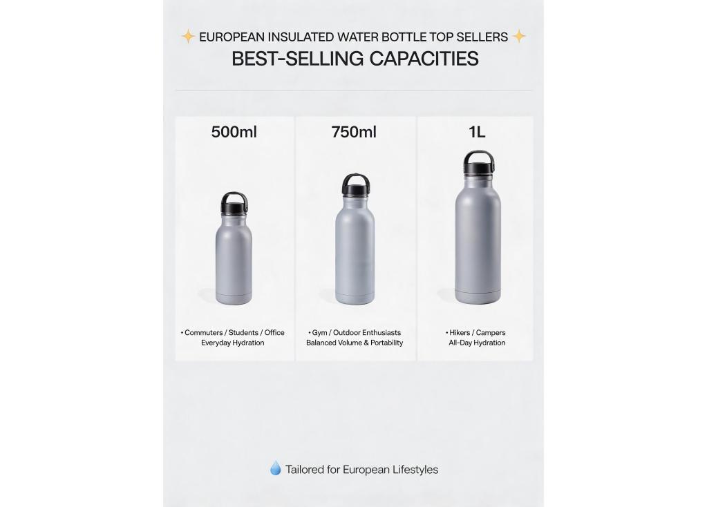 What are the best-selling capacities for insulated water bottles in the European market?