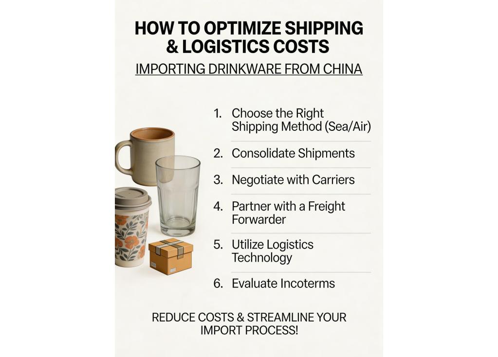 How can I optimize shipping and logistics costs when importing large quantities of drinkware from China?