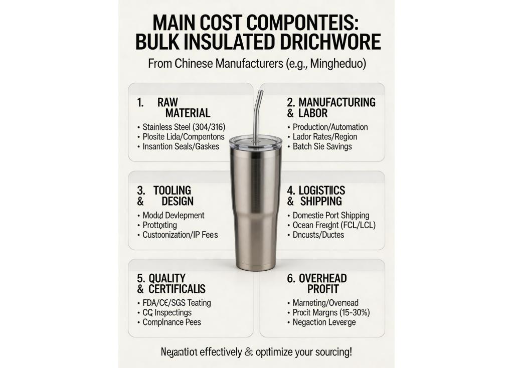 What are the main cost components in the pricing of bulk insulated drinkware from a Chinese manufacturer?
