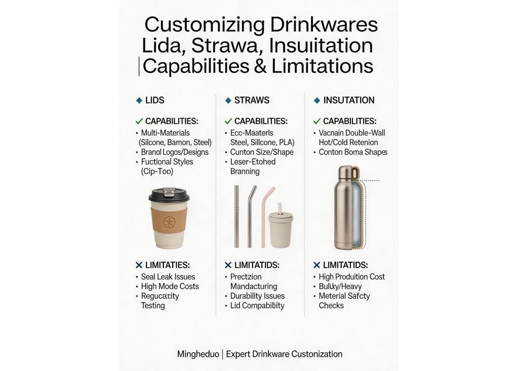What are the capabilities and limitations for customizing features like lids, straws, and insulation technology in drinkware?